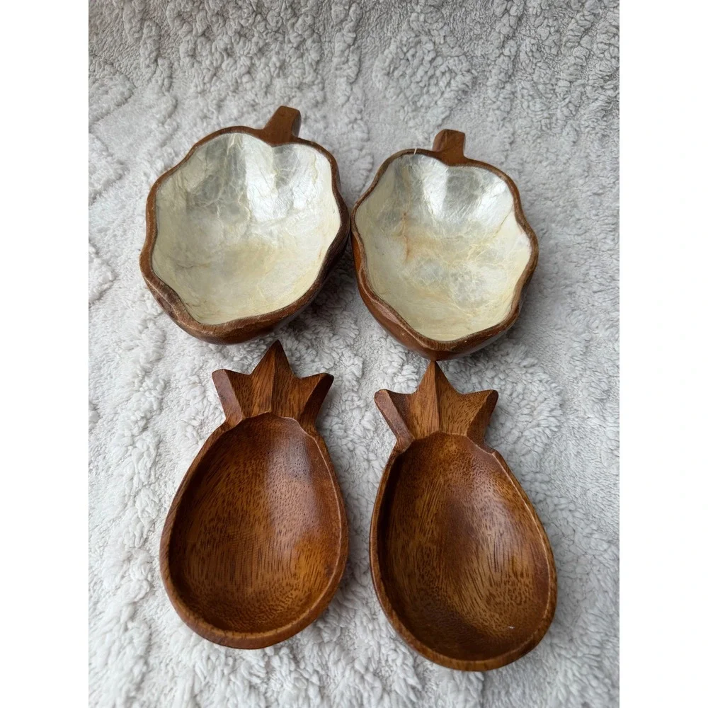 Hand Carved Wood Pineapple & Capiz Shell Inlay Vintage Fruit Bowl Set Tropical